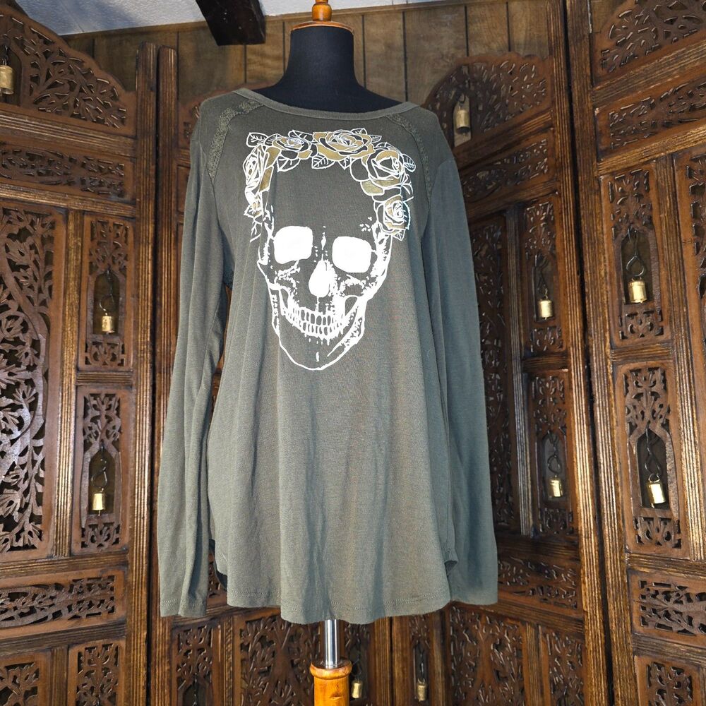 Jerry Leigh Green & Gold Skull Rose Crown Shirt | Size XL